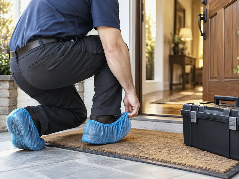 Uniformed Alco Air technician greeting homeowner: an AI-enhanced reconstruction of Alco Air Cooling, Heating and Plumbing’s own photograph.