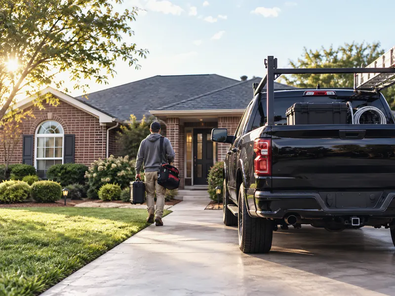 Technician walking to job with branded company truck: an AI-enhanced reconstruction of East Texas Leak Locators & Plumbing Services’s own photograph.