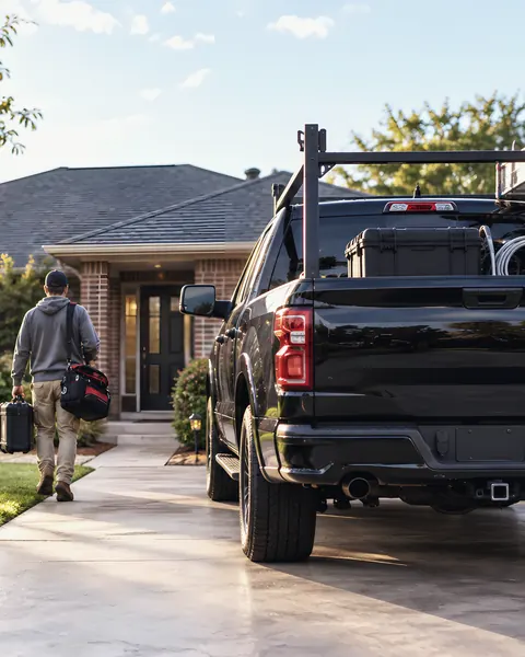 Technician walking to job with branded company truck: an AI-enhanced reconstruction of East Texas Leak Locators & Plumbing Services’s own photograph.