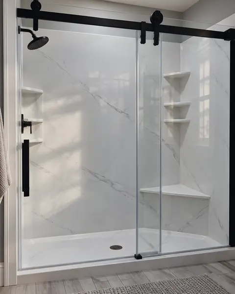 Finished shower with glass door: an AI-enhanced reconstruction of Eschberger Plumbing Company LLC’s own photograph.