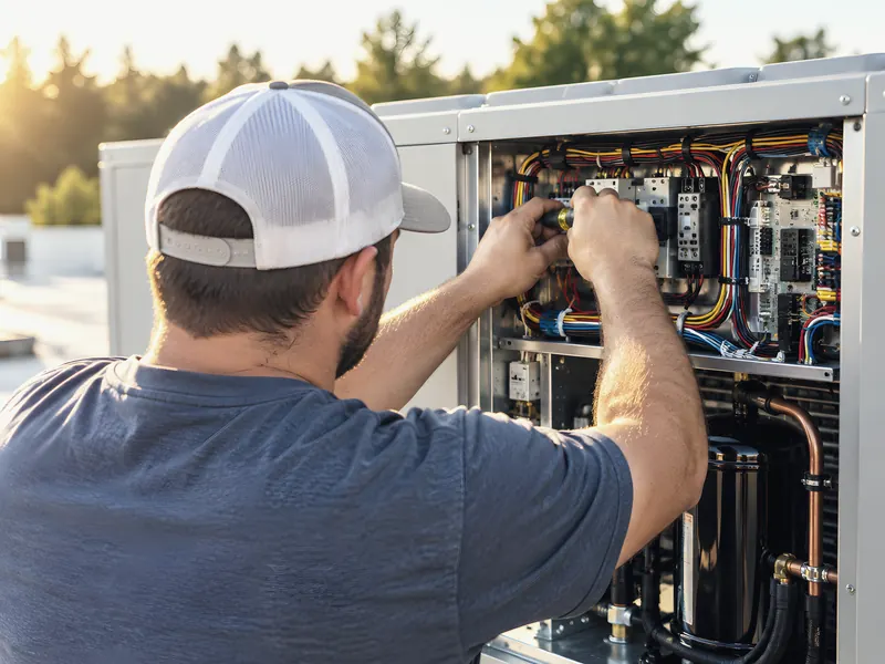 Technician servicing HVAC unit: an AI-enhanced reconstruction of L&L Mechanical Services’s own photograph.