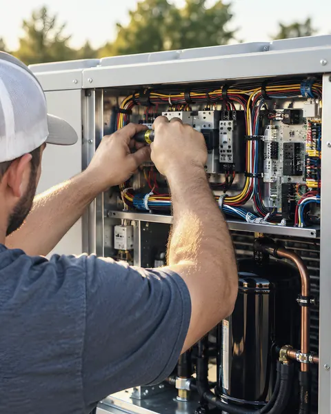 Technician servicing HVAC unit: an AI-enhanced reconstruction of L&L Mechanical Services’s own photograph.