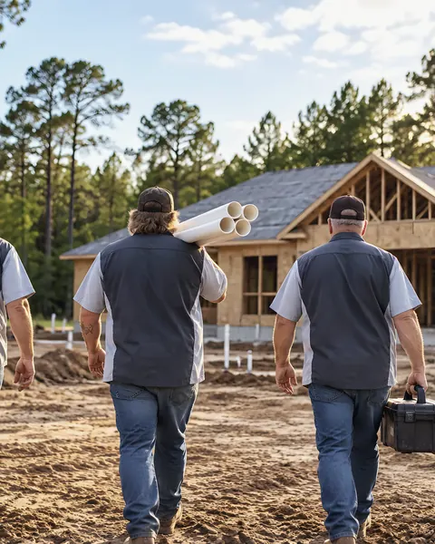 Three-man crew in Lee's Plumbing uniforms: an AI-enhanced reconstruction of Lee's Plumbing’s own photograph.