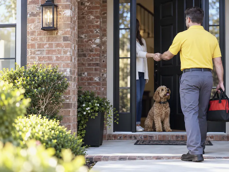 Uniformed technician greeting homeowner at the door: an AI-enhanced reconstruction of Rub-A-Dub Plumbing’s own photograph.